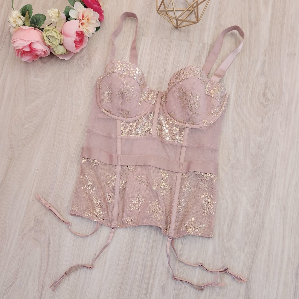 NWT Victoria’s Secret Sexy Pink Lace & Mesh Corset Bustier w/ Garter